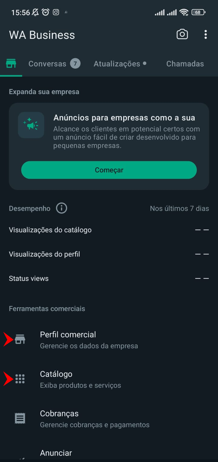 Print da tela de configurações do Whatsapp Business